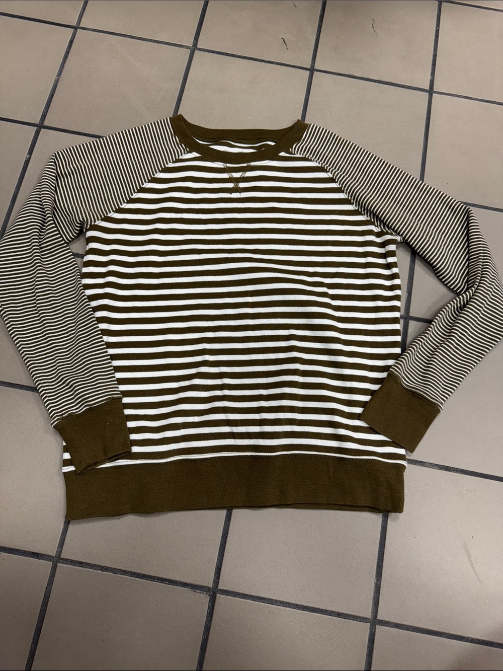 Eddie Bauer Olive and White Striped Crewneck Sweater